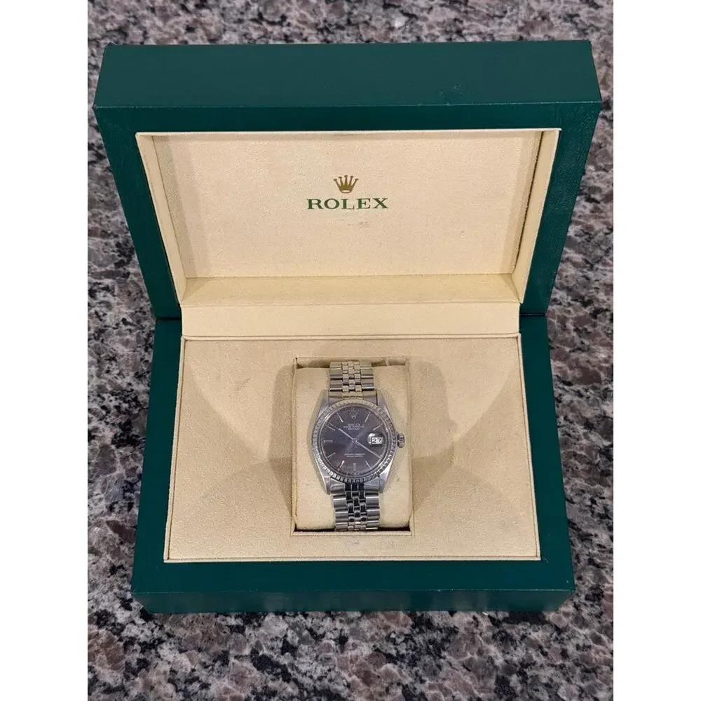 Rolex Datejust 36mm 1603 1988 Hashed Engine Turn Bezel Jubilee Band Blue Dial